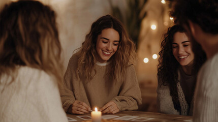 Friends Enjoying Tarot Readings in Bohemian Living Room
