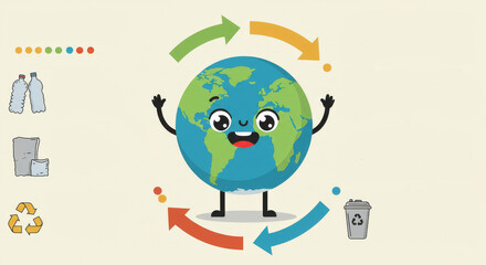 Drawn earth promoting recycling and sustainability with arrows and happy expression