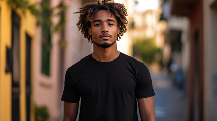 Fototapeta premium Young man stands confidently in a colorful street while sun shines brightly