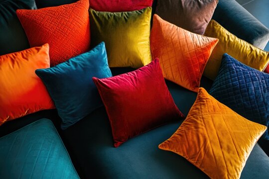 A vibrant assortment of colorful throw pillows adds a touch of whimsy to this cozy living space.