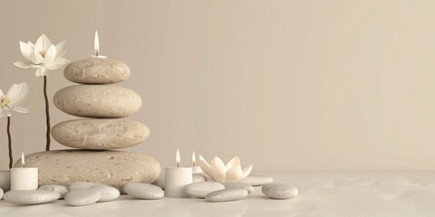 Stack of decorative stones with candles and flowers, creating a tranquil atmosphere for meditation or relaxation.