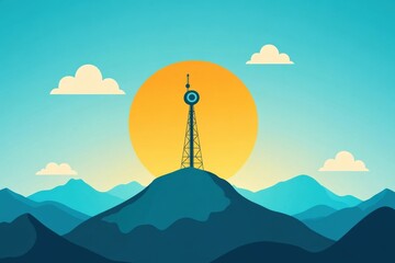Obraz premium Abstract Landscape with Radio Tower Silhouette Against Colorful Sunset and Mountain Background