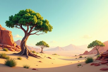Fototapeta premium Serene Desert Landscape Featuring Majestic Trees and Rolling Sands Under a Warm Sunset