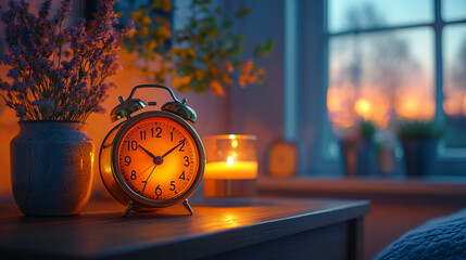 a clock on a table with a vase of flowers