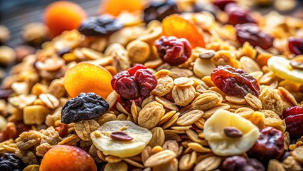 Fototapeta premium Macro shot: vibrant muesli and juicy raisins, a wholesome and delicious breakfast option. Stock photo.