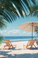 Relaxing chairs under an umbrella on a sandy beach, perfect for a vacation.