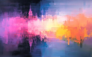 Vibrant abstract painting with bold strokes of pink, orange, and blue.  Modern art texture, perfect for home or office decor.