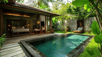 Fototapeta premium Luxury Tropical Villa with Private Pool and Lush Garden