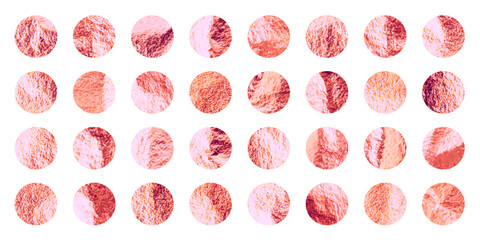 Rose gold foil, shiny handmade circles. Golden glittering texture, pattern. Luxury shining hand drawn background. Wedding greeting card decoration elements. Modern minimalist art. Vector illustration