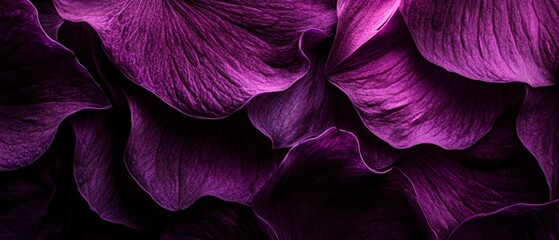 Obraz premium Macro photography of deep purple peony petals showing intricate vein patterns and delicate curves, with rich textural details and luminous edges against dark background. Generative AI