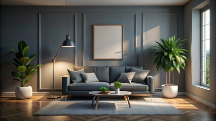 Modern 3D render: grey sofa, white frame, minimalist low-light interior design.