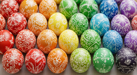 Colorful easter eggs with delicate white patterns in various colors