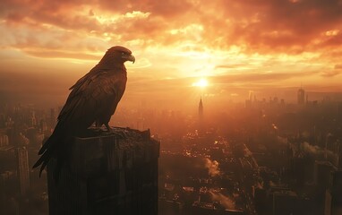 Fototapeta premium Majestic eagle perched atop a skyscraper, silhouetted against a vibrant sunset over a sprawling cityscape. Symbol of freedom, power, and urban wildlife.