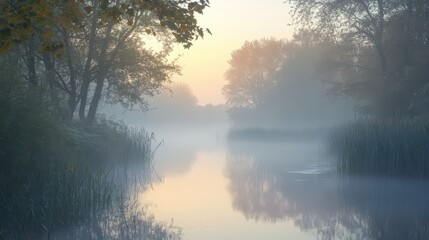 Fototapeta premium Misty Dawn Reflections on a Calm River, Trees and Reeds Silhouetted in the Fog