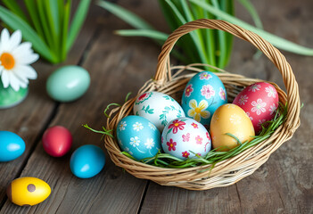 Easter eggs in nest on color wooden background.