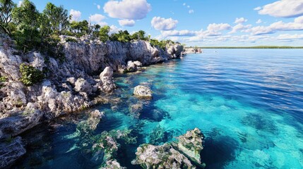 Serene coastal landscape with clear turquoise waters and rocky shore.