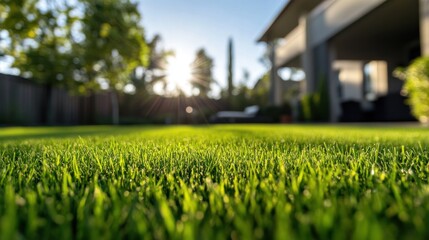 Low angle view of lush green grass illuminated by sunlight in a backyard setting