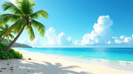 Serene Tropical Beach Scene Palm Trees, Azure Waters, and Soft White Sand Under a Sunny Sky