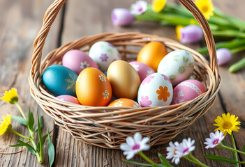 Easter eggs in nest on color wooden background.