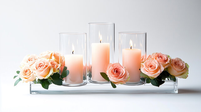 Elegant Valentine's Day centerpiece with candles and roses on white high quality ultra clear 