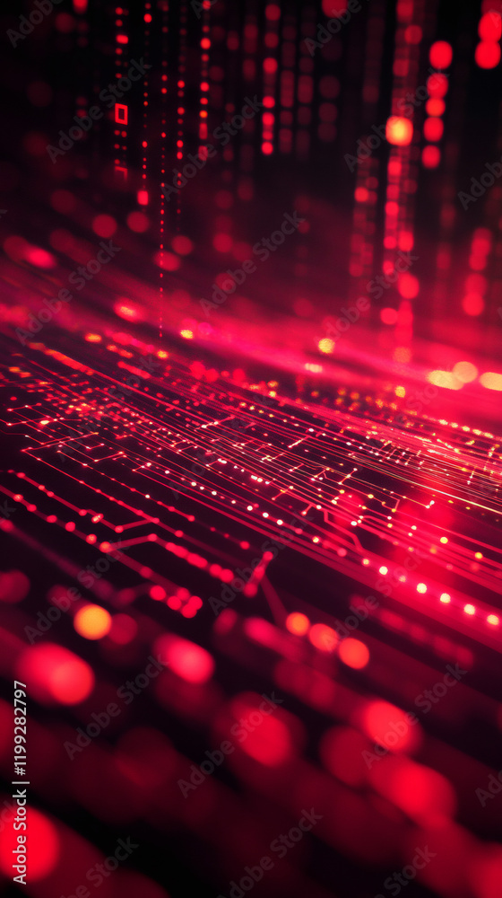 Aufkleber Binary code is falling on a red electronic circuit board, creating a futuristic technological background