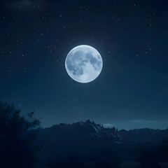 Bright full moon illuminating a tranquil night sky over distant mountains and scattered stars. Generative AI