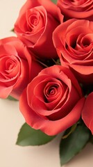 Obraz premium Elegant Close-Up of Fresh Red Roses with Soft Petals and Green Leaves on a Light Background