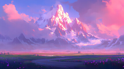 Serene landscape painting of a majestic snow-capped mountain range at sunset, wildflowers in the foreground, and a winding road.