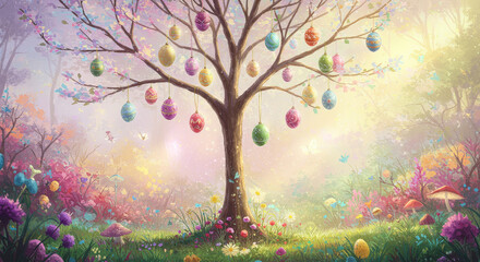 Enchanting easter egg tree in blooming fantasy garden