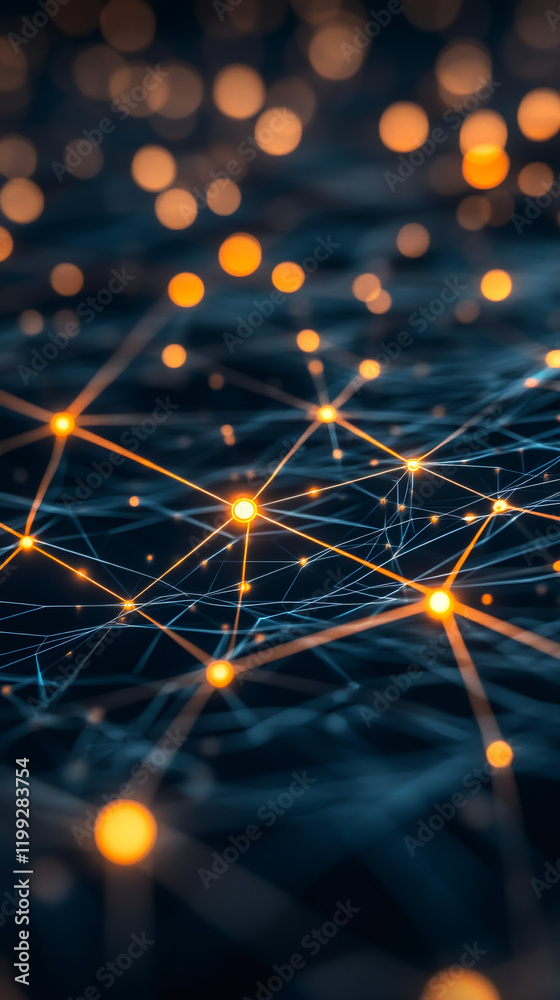 Fototapete luminous network nodes connecting with electric lines, representing digital communication and techno