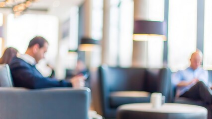 Fototapeta premium Business Lounge Blur – A modern business lounge with comfortable seating and soft lighting in blur. 