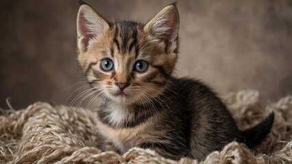 Studio portrait of a kitten on sackcloth