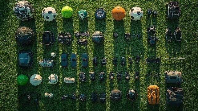 Soccer training equipment scattered across a lush green grass field, ready for drills and practice sessions.