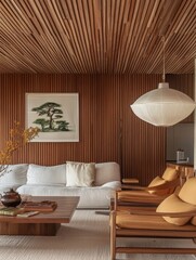 Modern Living Room With Wooden Walls And Ceiling