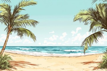 Fototapeta premium Palm trees, ocean, relaxing beach setting