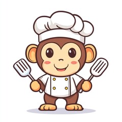 Cartoon monkey chef holds spatulas, cooking, food themed illustrations and recipes use