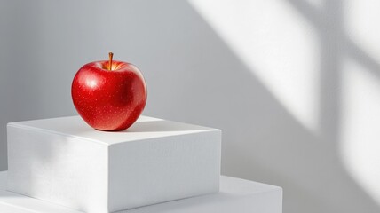 Fresh red apple on white pedestal under natural light, casting shadows