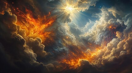 Epic battle between good and evil, represented by light and darkness, with a central figure and dragon. Fantasy and mythology