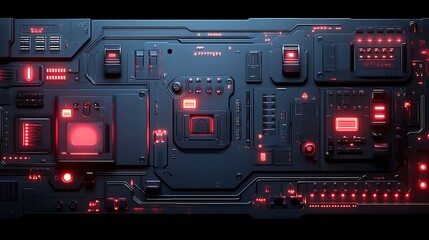 Obraz premium Futuristic Technology Panel With Red Lights Illuminated