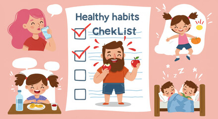 Healthy habits checklist with children and male holding apple