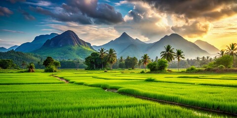 Tamil Nadu Paddy Fields & Western Ghats Mountain Range AI Photo