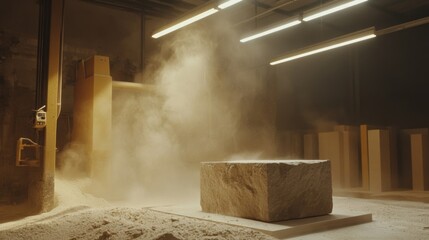 A view of a precision machine ting local stone blocks with dust particles illuminated by overhead lights illustrating the transformation of local materials into finished products.