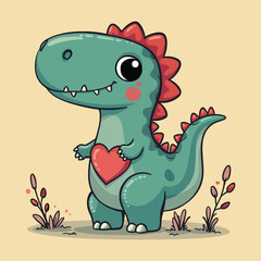 Cute cartoon dinosaur holding a heart in a whimsical pastel setting with greenery and minimal background details