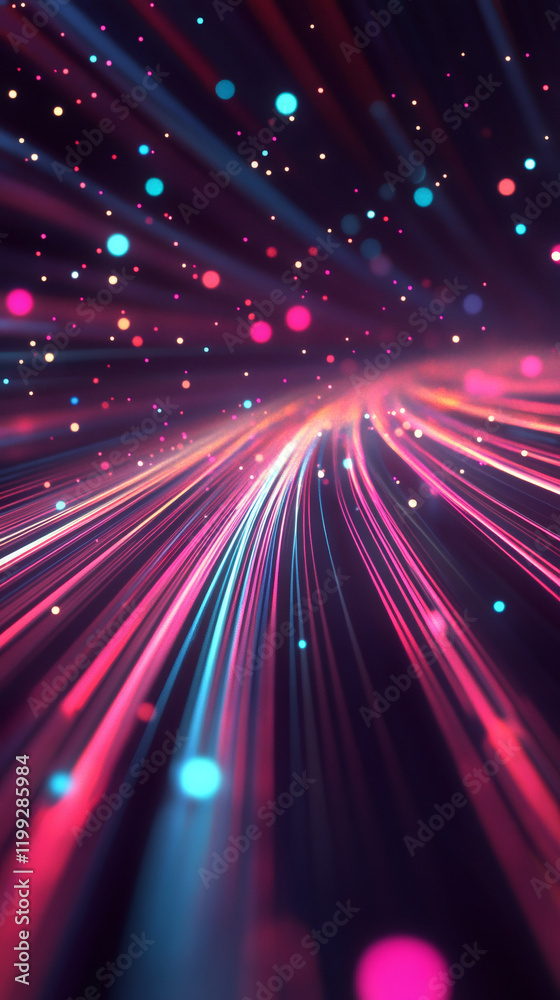 Poster Colorful light trails and particles are flowing on dark background, creating a mesmerizing visual effect