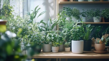 Fototapeta premium A collection of potted plants arranged on shelves and a table, bathed in soft, natural light creating a serene indoor botanical scene