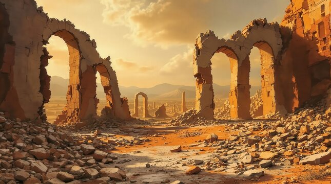 Ancient ruins of a once-great civilization under a dramatic sky. History, archaeology, and travel themes