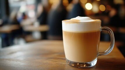Warm latte in clear glass against blurred café background, invit
