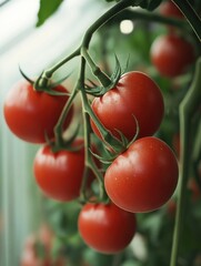 Vibrant red tomatoes on plants in garden setting.