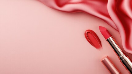 Stylish Makeup Arrangement with Lipstick and Lip Gloss on Soft Pink Fabric Background