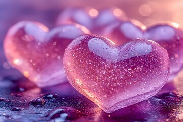 Obraz premium Close-up of three pink, glittery and sparkling hearts with the centre heart in focus. They are set on a wet surface decorated with scattered water droplets.Hearts are set against a blurred background.